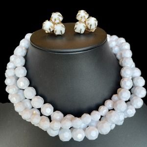 Vintage VOGUE Multi Strand White Faceted Beaded Necklace & Earring Set 1960's